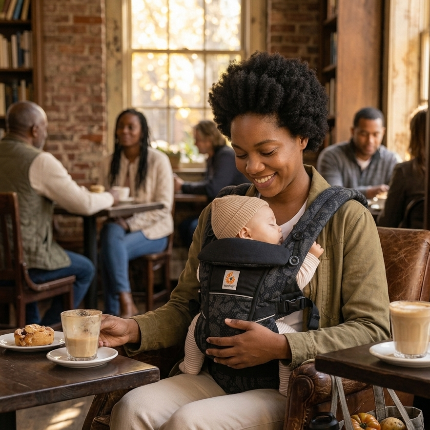 Maman profitant tranquillement d'un cafe pendant que son bebe dort au chaud dans le porte-bebe physio, mains libres.