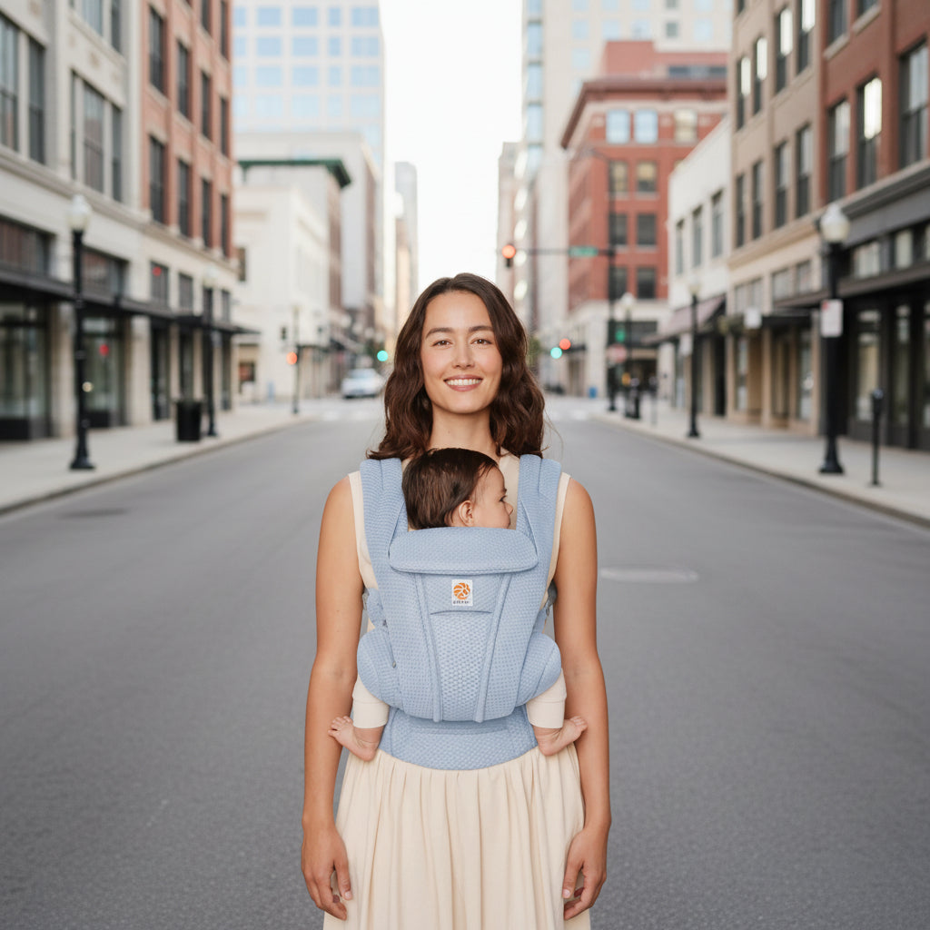 Maman souriante avec bebe endormi installe confortablement dans le porte-bebe physiologique bleu ciel, soutien optimal de la nuque en maille SoftFlex.