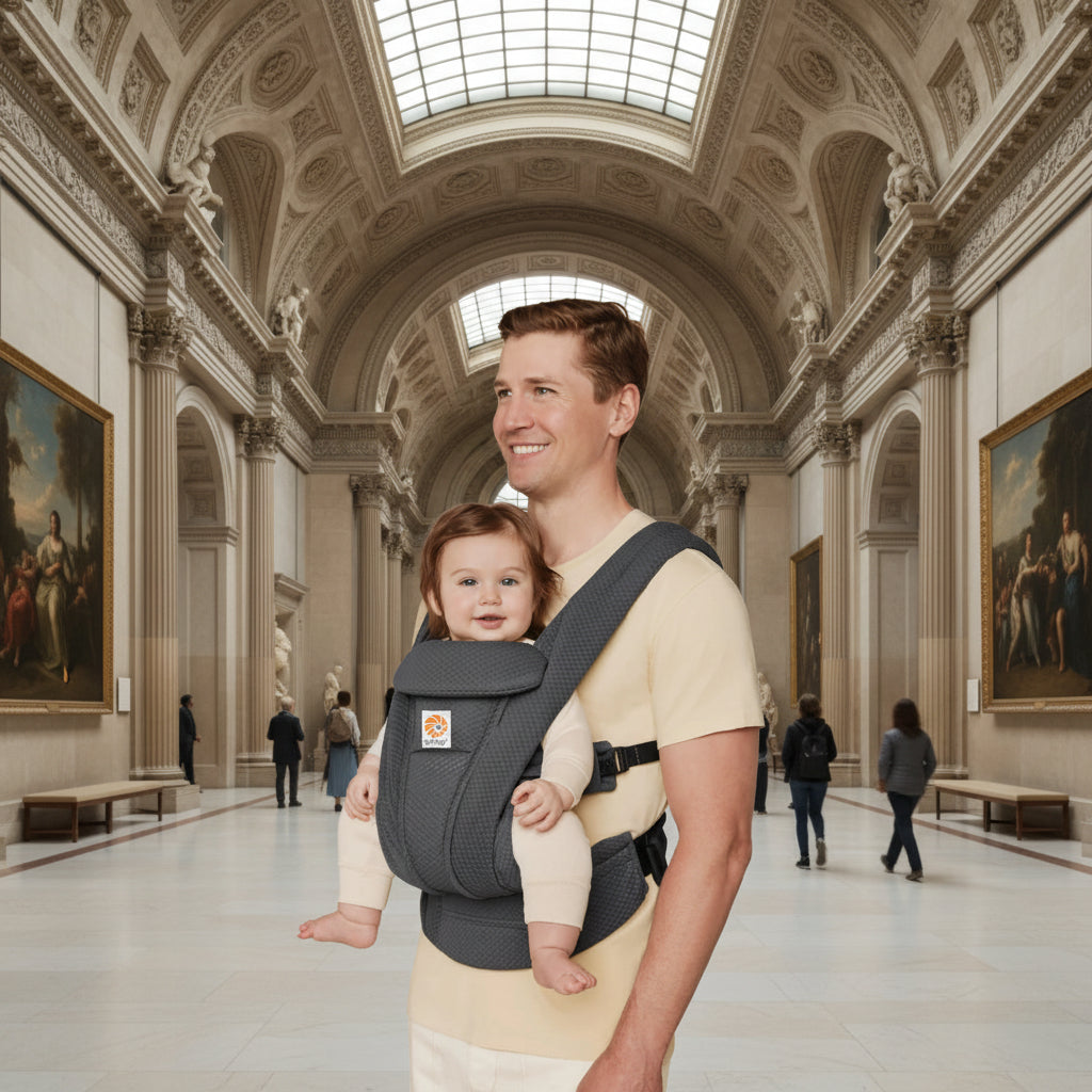 Papa portant son enfant en position physiologique dans le porte-bebe Omni Deluxe gris anthracite, bretelles rembourrees pour repartir le poids sur les epaules.