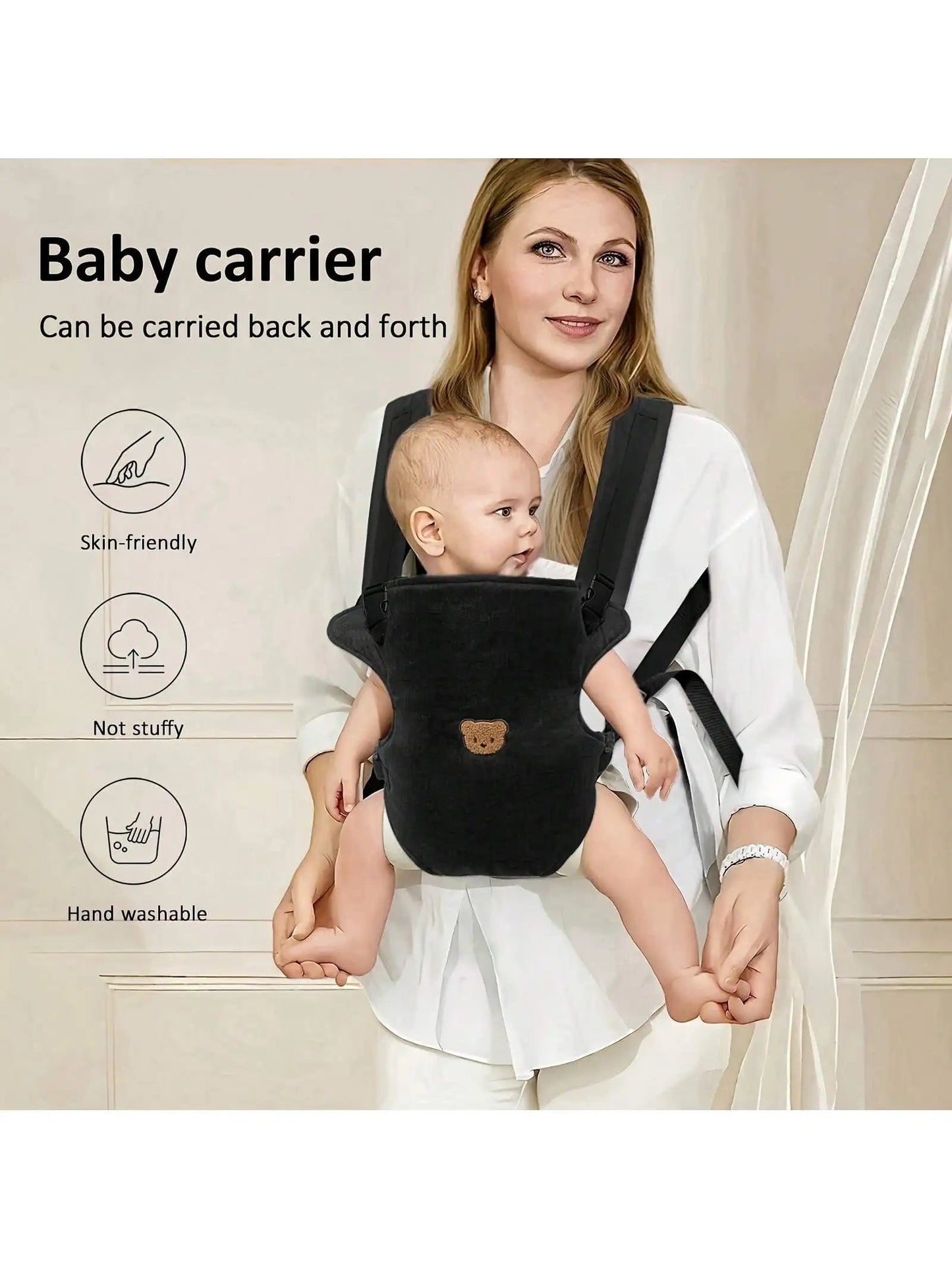 Bebe installe face au monde dans le porte-bebe, decouvrant son environnement en toute securite pendant que maman garde les mains libres.