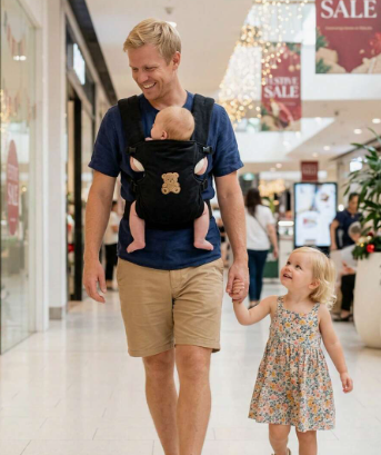 Papa faisant du shopping avec son bebe en portage ventral et sa fille par la main, illustrant un usage mixte et familial.