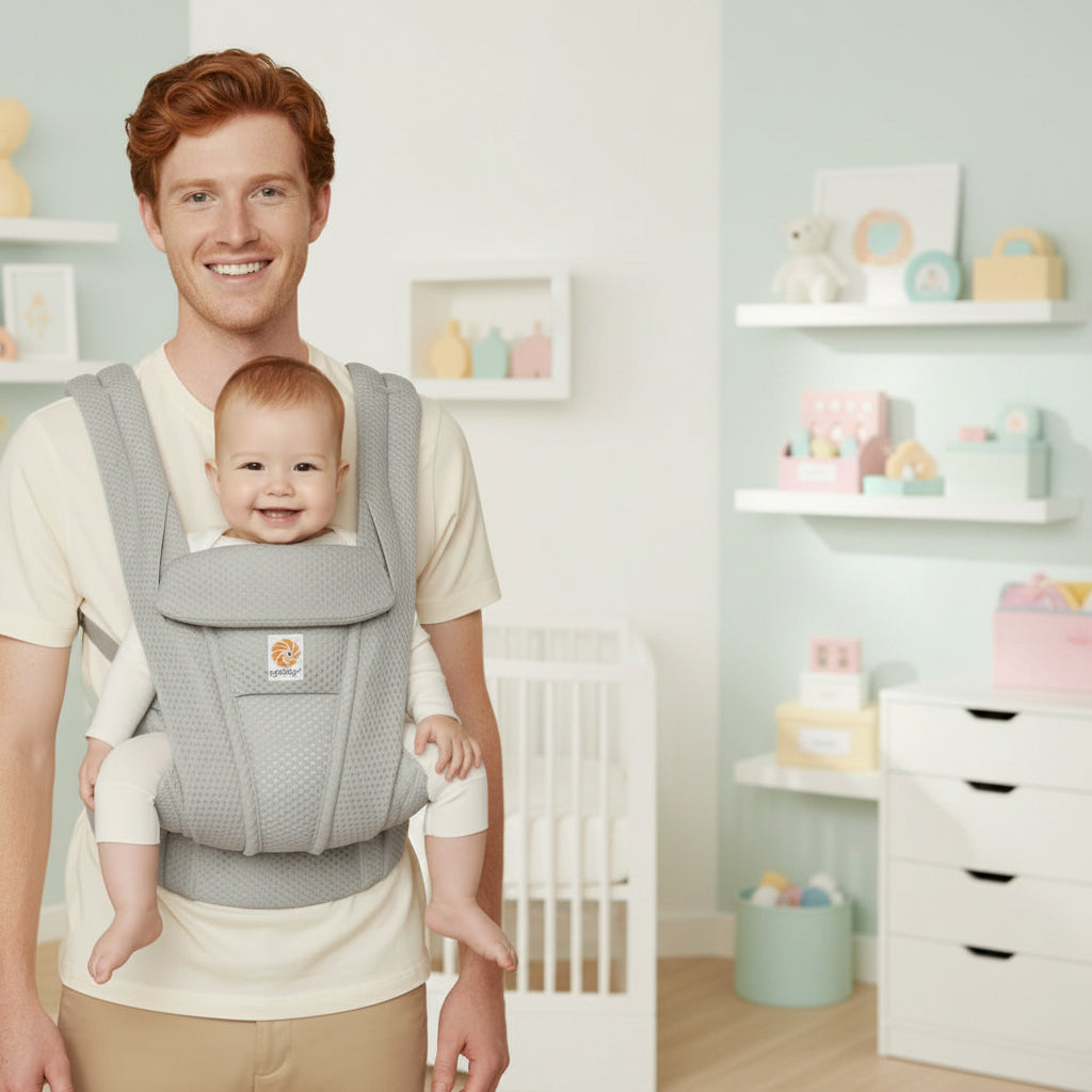 Papa portant son bebe face a lui dans le porte-bebe physiologique Omni Deluxe gris perle, position ergonomique respectueuse des hanches en maille SoftFlex respirante.