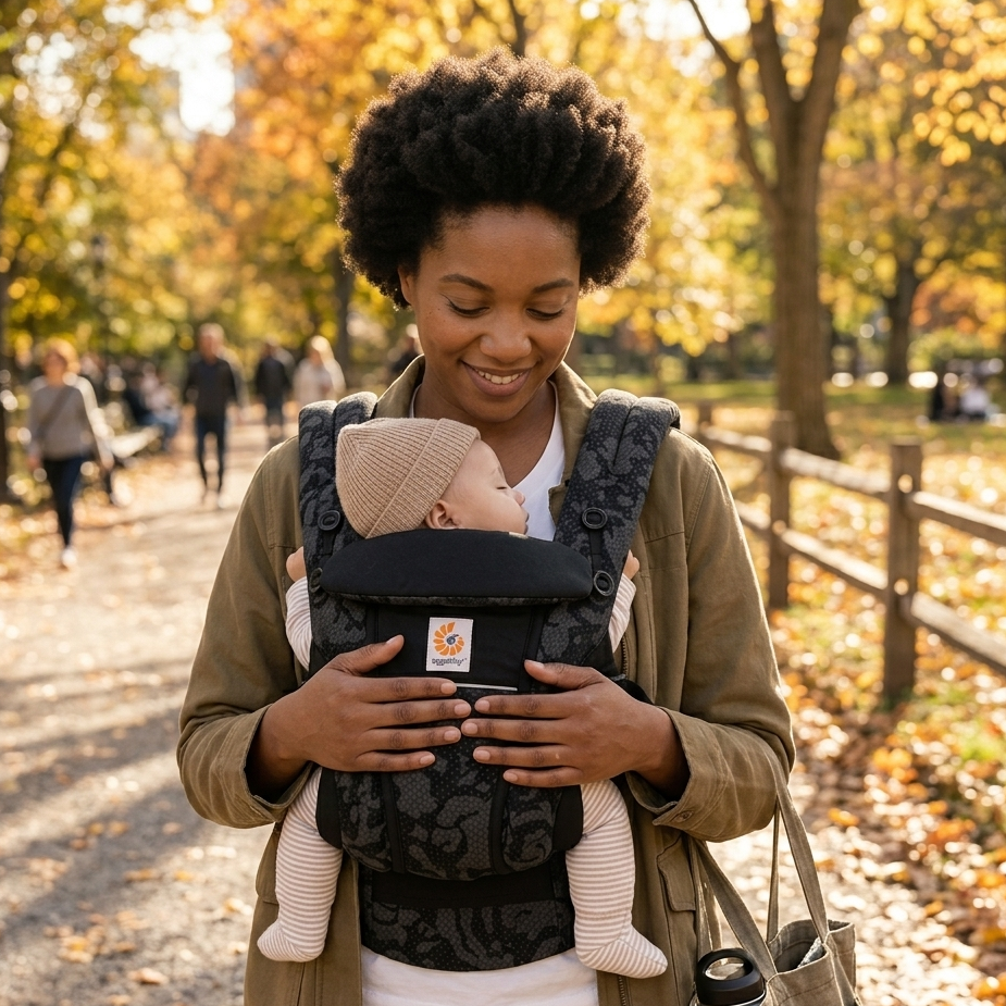 Maman marchant sereinement dans un parc en automne, le porte-bebe physio soutenant confortablement son enfant lors des balades.