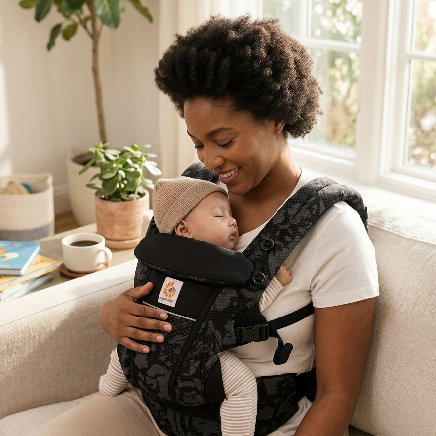 Bebe endormi paisiblement contre sa maman assise sur le canape, position physiologique respectant son dos et ses hanches.