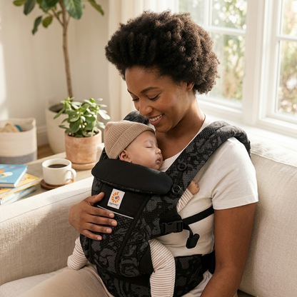 Bebe endormi paisiblement contre sa maman assise sur le canape, position physiologique respectant son dos et ses hanches.