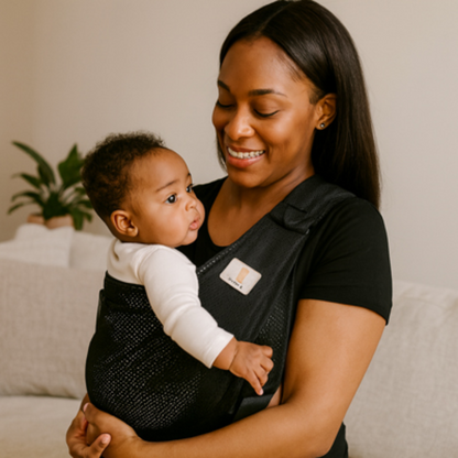 Maman echangeant un regard complice avec son bebe installe dans le sling noir, favorisant le lien et le reconfort.