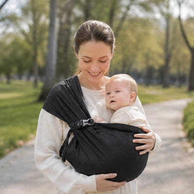 Maman marchant dans un parc avec son bebe confortablement love dans le porte-bebe sling noir pour une promenade sereine.