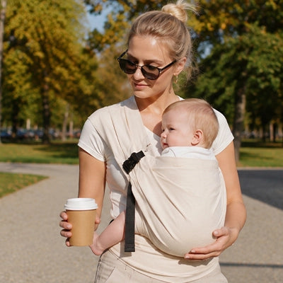 Femme profitant d'un cafe en exterieur tout en portant son bebe dans le sling beige, illustrant la liberte de mouvement.