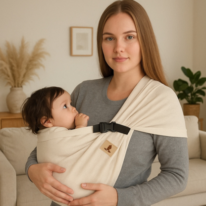 Jeune femme gardant les mains libres grace au porte-bebe sling ecru pendant que son enfant reste calme contre son buste.