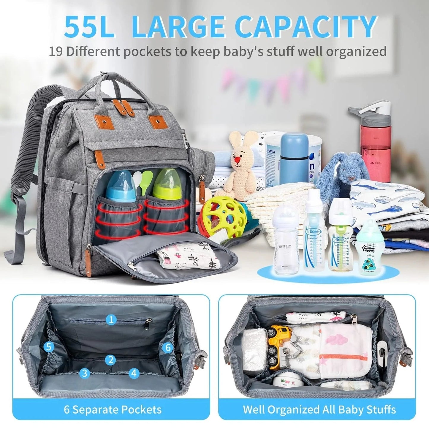 Interieur spacieux de 55 litres avec 19 poches permettant de ranger biberons, couches et affaires de bebe de facon organisee.