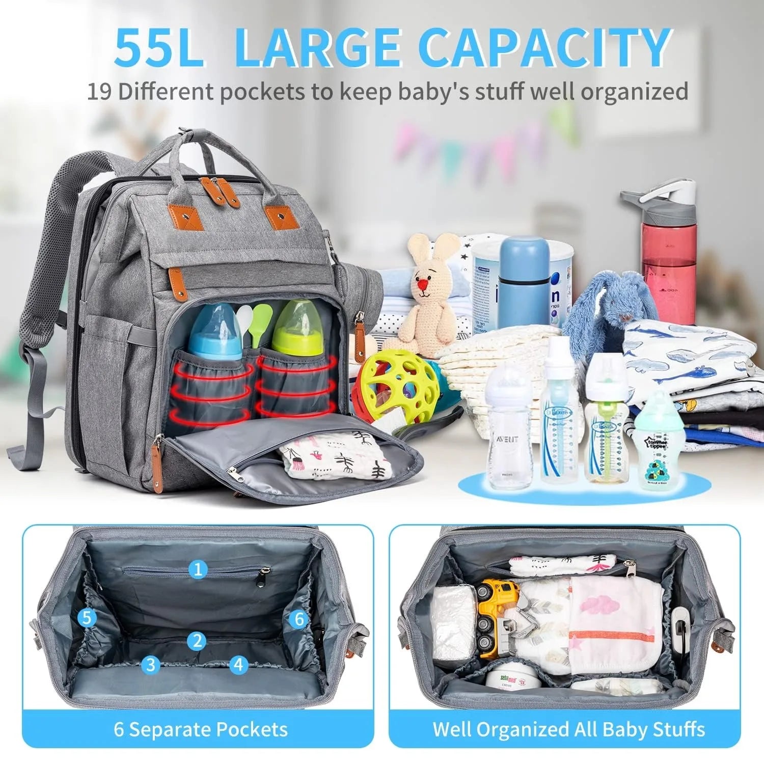 Interieur spacieux de 55 litres avec 19 poches permettant de ranger biberons, couches et affaires de bebe de facon organisee.