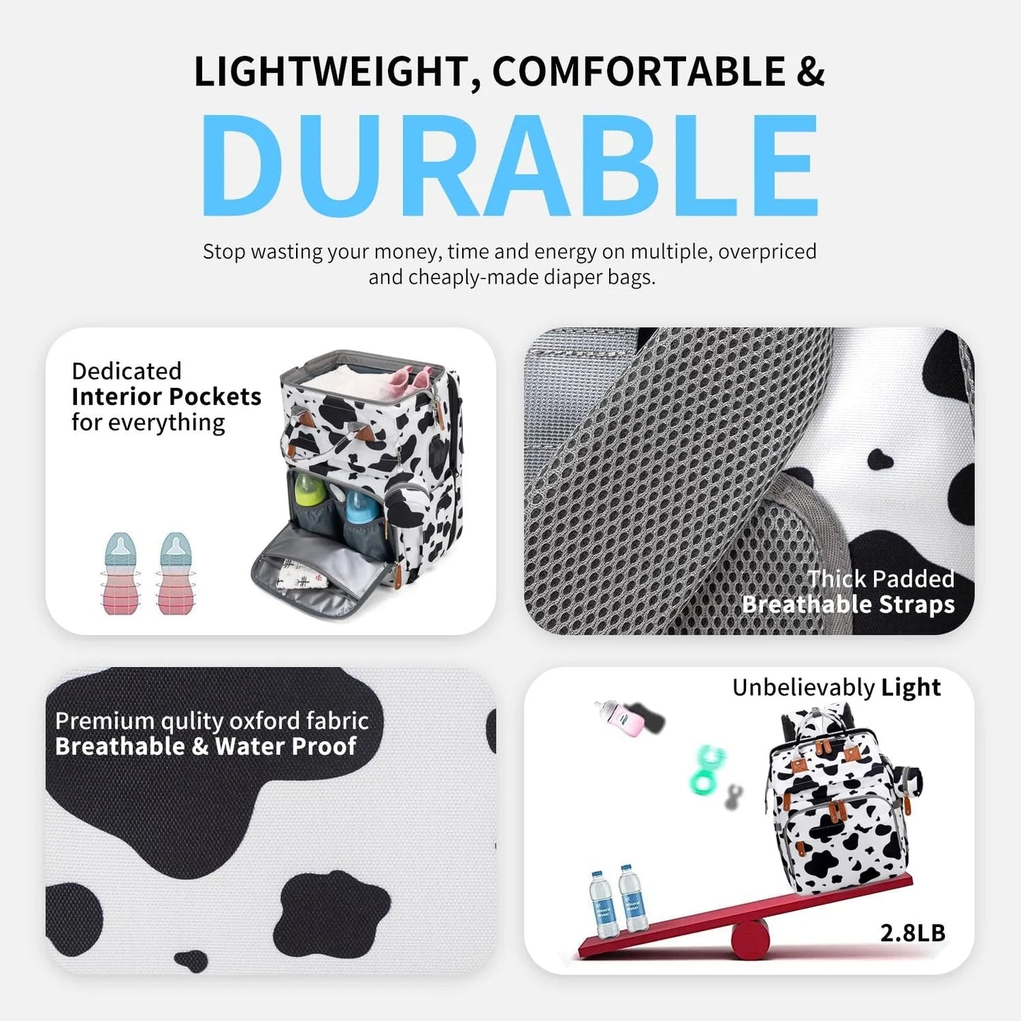 Modele motif vache leger et durable avec bretelles respirantes et tissu oxford impermeable pour un usage quotidien intensif.