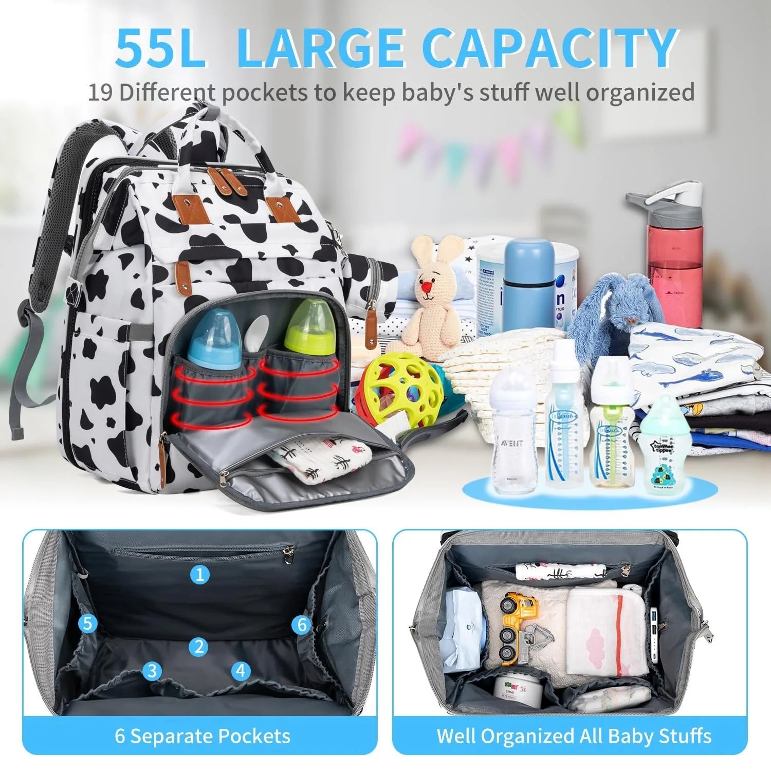 Version motif vache avec 55 litres de capacite et 19 poches pour garder toutes les affaires de bebe bien rangees.