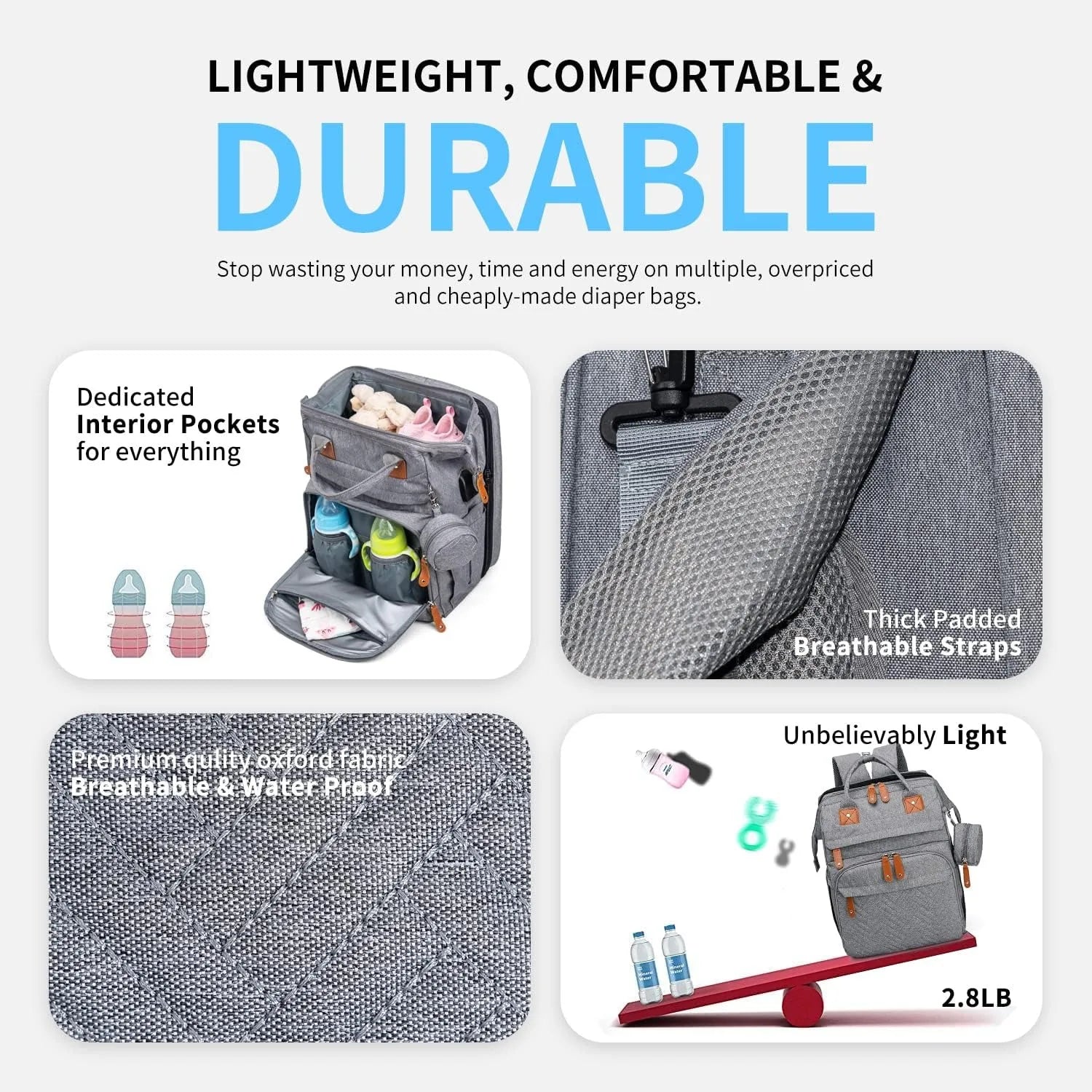 Sac fabrique en tissu oxford impermeable avec bretelles matelassees respirantes, ne pesant que 2,8 livres pour un confort de portage optimal.