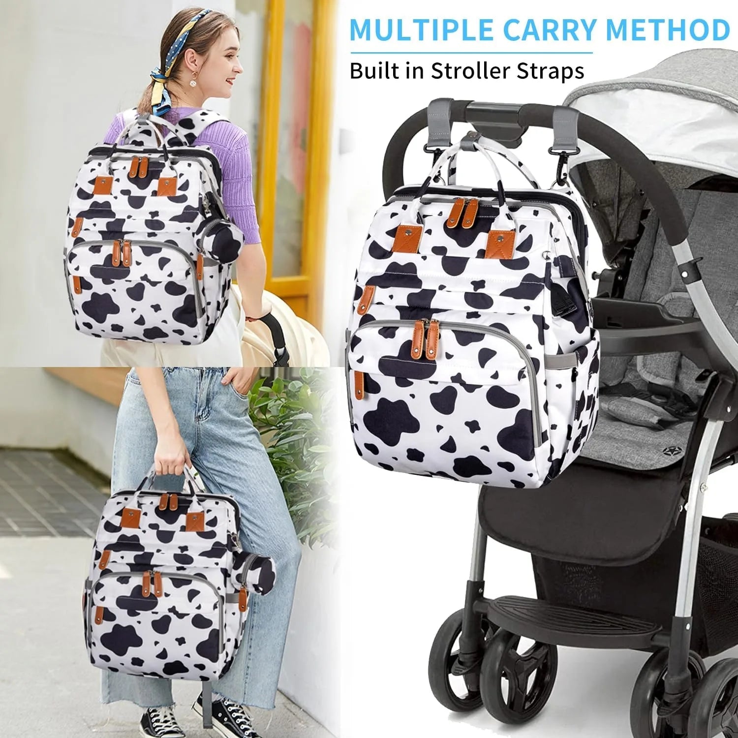 Version motif vache proposant trois facons de porter le sac selon les besoins des parents en deplacement.