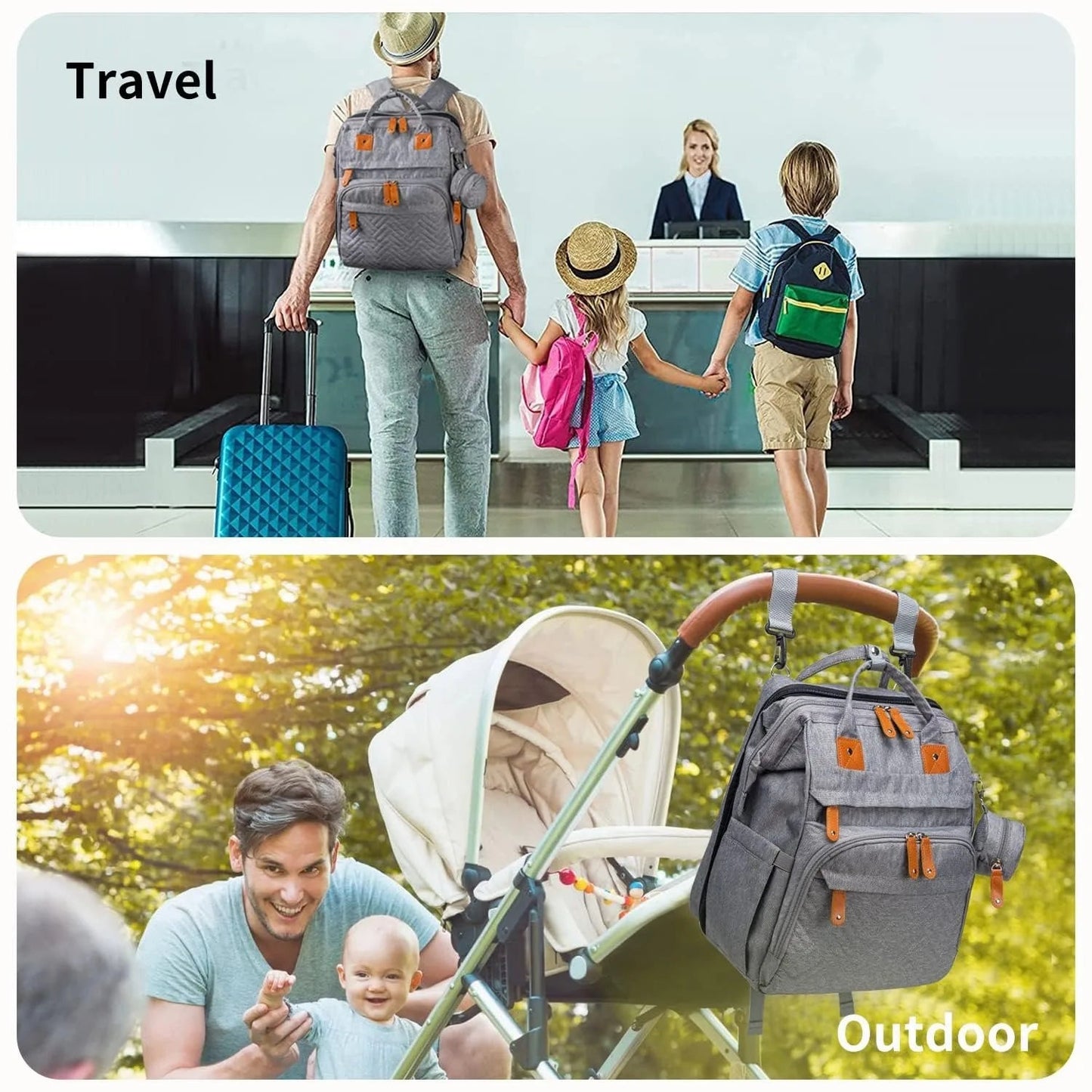 Parfait pour les voyages en aeroport ou les promenades au parc, ce sac accompagne les sorties de toute la famille.