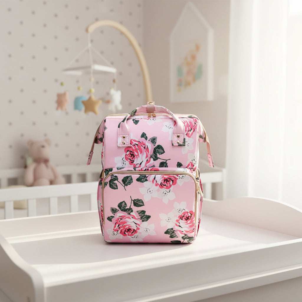 Sac a langer rose clair a grandes fleurs vu de face, format compact adapte aux sorties courtes avec bebe.