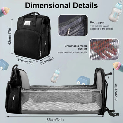 Dimensions detaillees du sac a dos ferme et du lit deplie mesurant 86 cm de long pour installer bebe confortablement.
