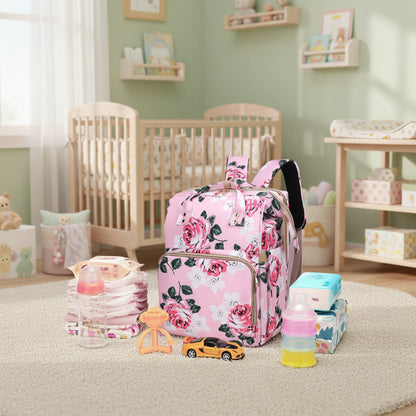 Le sac accueille couches, biberons, lingettes et jouets, prouvant sa capacite genereuse pour les affaires de bebe en balade.