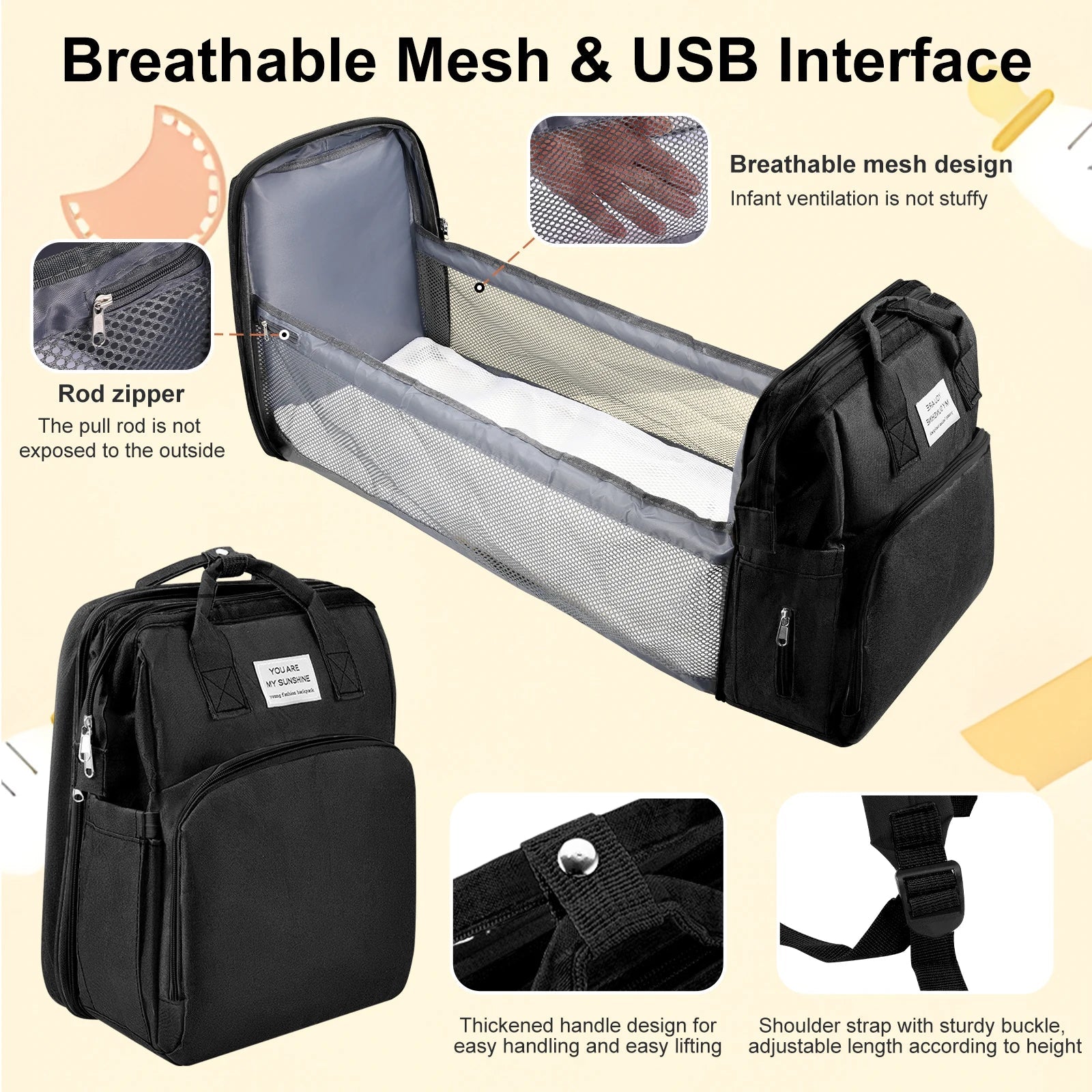Lit bebe deplie avec parois en maille respirante et tige de rod dissimulee assurant une bonne ventilation pour la sieste de l'enfant.