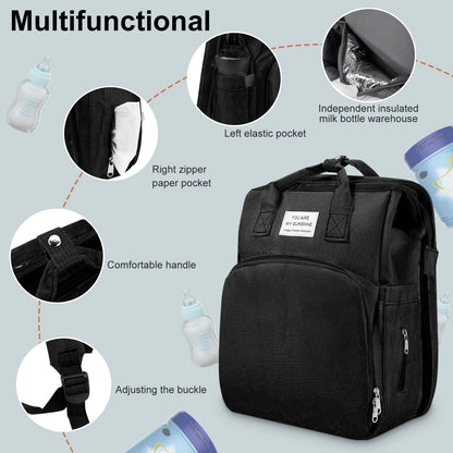 Schema des fonctionnalites du sac avec compartiment isotherme, poches laterales et sangles reglables pour un portage confortable.