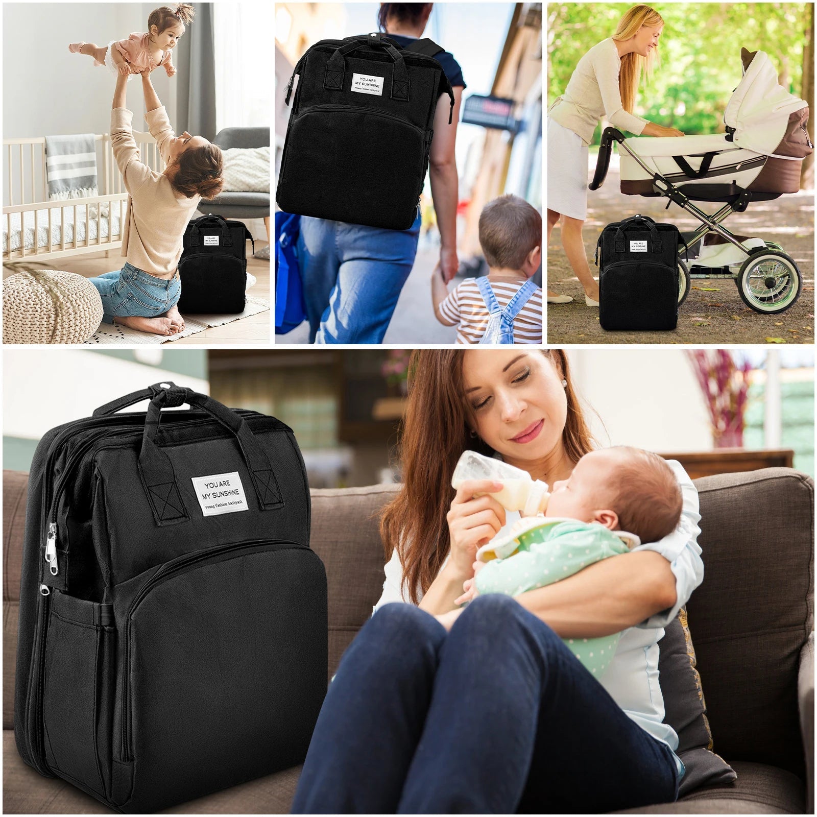 Parents utilisant le sac a langer au quotidien a la maison, en promenade et pres de la poussette pour toutes les sorties avec bebe.