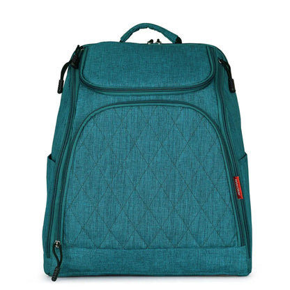 Sac a langer a dos en coloris turquoise avec surpiqures matelassees, presente de face sur fond blanc.