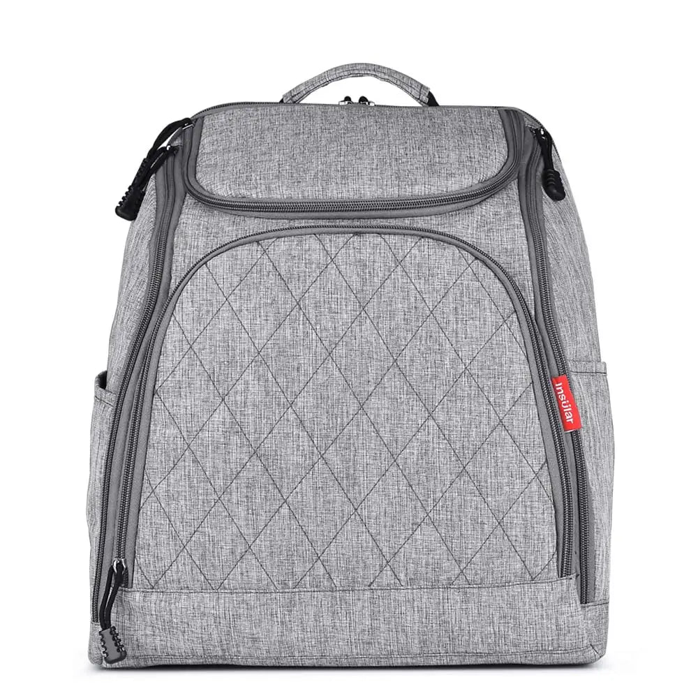 Sac a langer a dos gris chine avec motif matelasse losange, vue frontale mettant en valeur son design sobre.