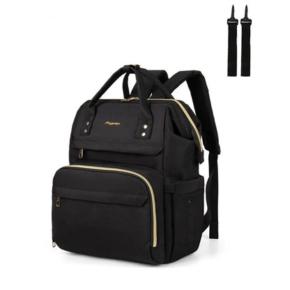 Version noire du sac a langer a dos aux finitions dorees, un coloris chic et intemporel pour les parents.
