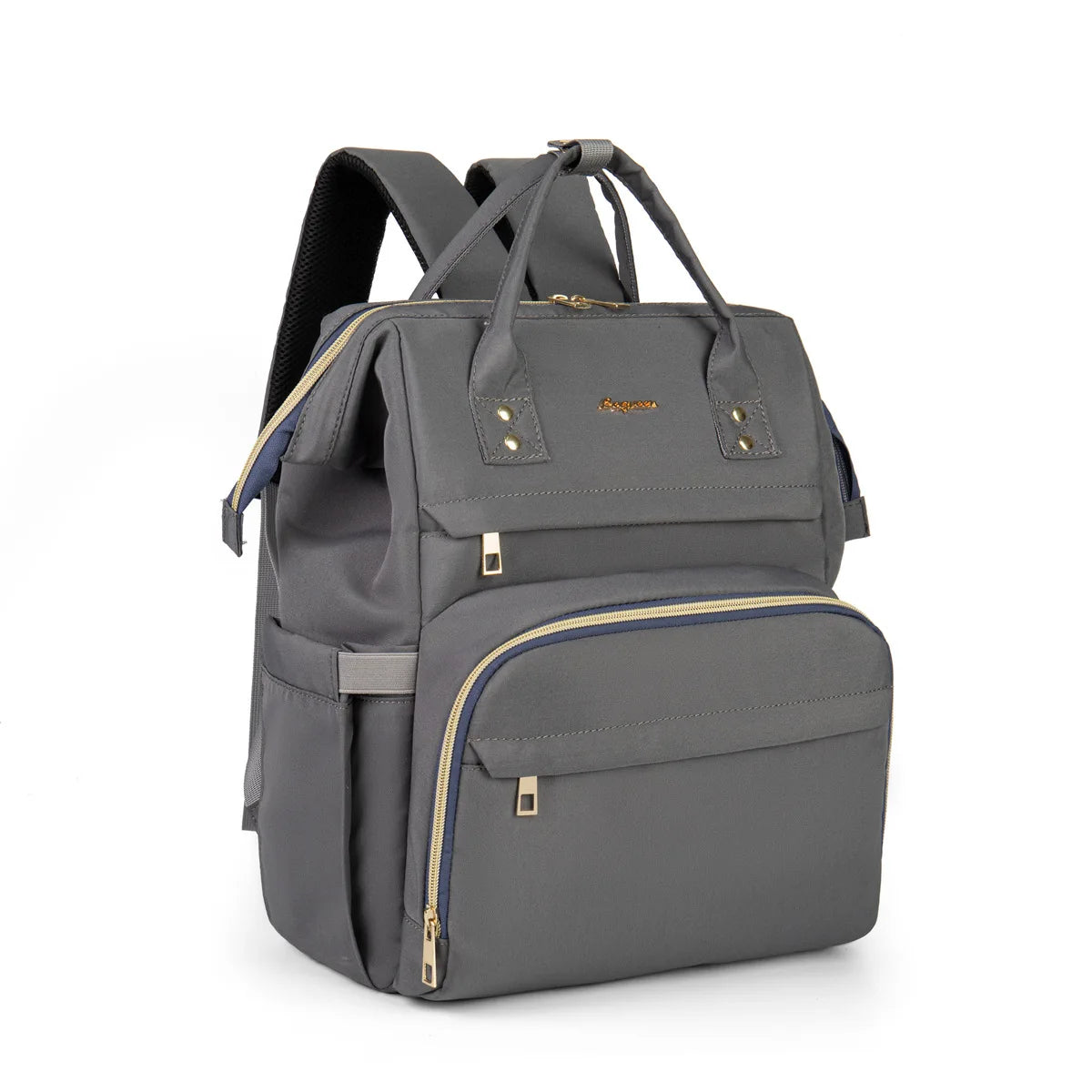 Vue de profil du sac a langer gris au design fashion avec fermetures dorees, adapte au quotidien des parents actifs.