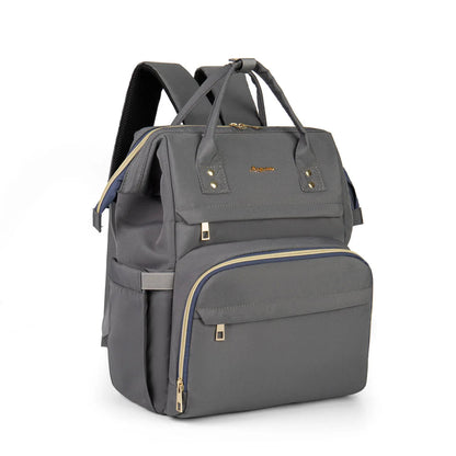 Vue de profil du sac a langer gris au design fashion avec fermetures dorees, adapte au quotidien des parents actifs.