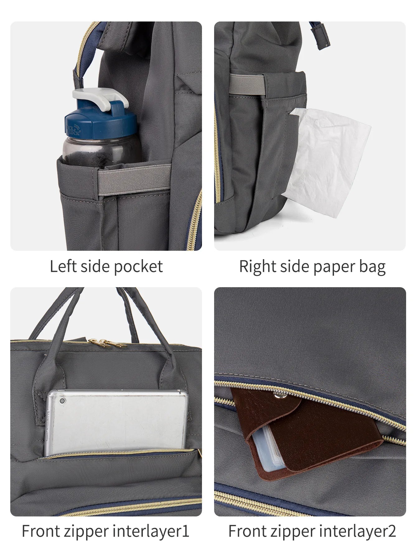 Gros plan sur les poches laterales pour biberon et lingettes ainsi que les compartiments frontaux pour tablette et carnet de sante.
