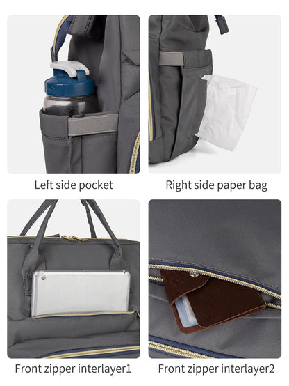 Gros plan sur les poches laterales pour biberon et lingettes ainsi que les compartiments frontaux pour tablette et carnet de sante.