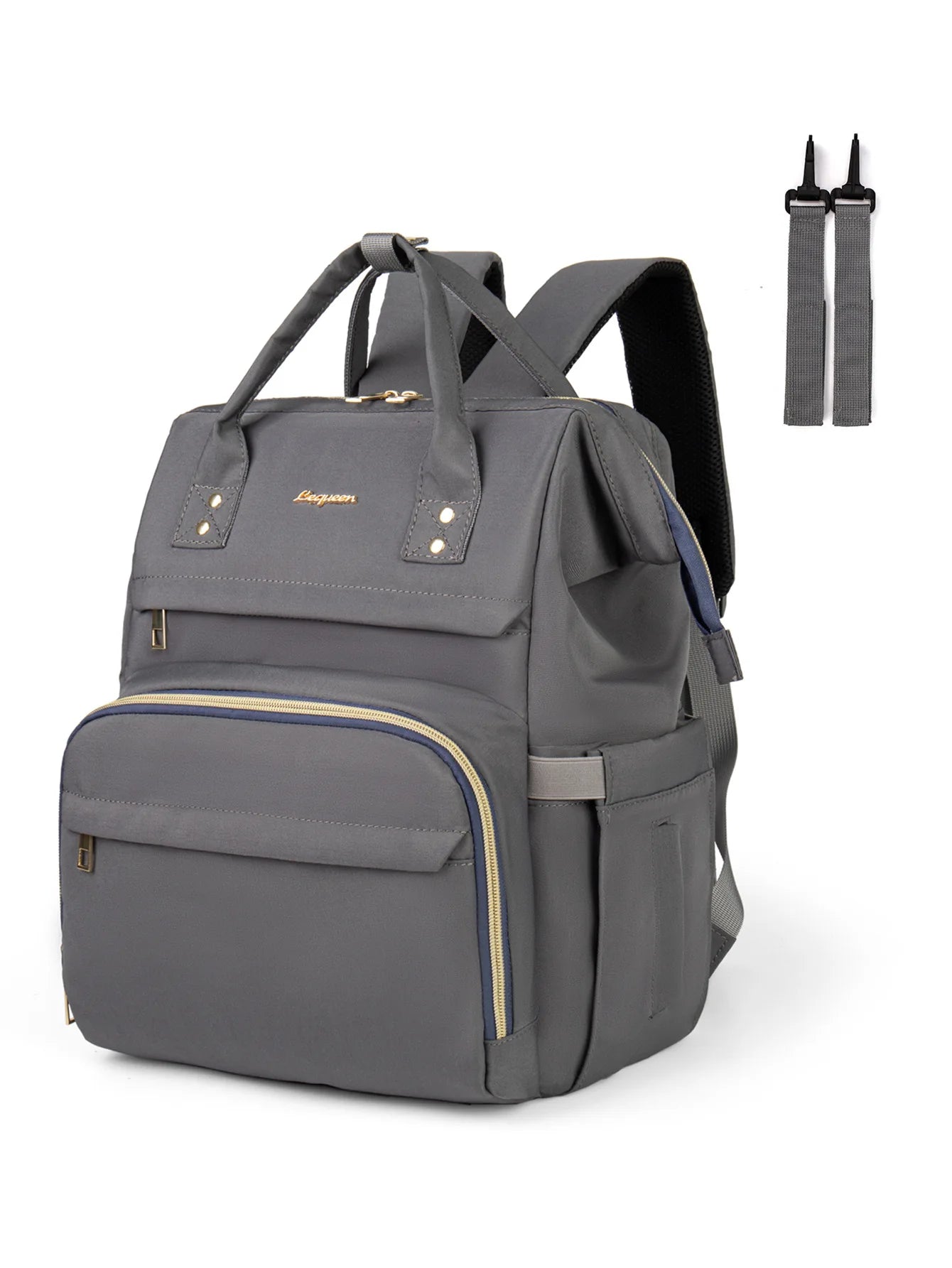 Sac a langer a dos gris presente de trois quarts avec ses sangles de fixation poussette fournies, look sobre et elegant.