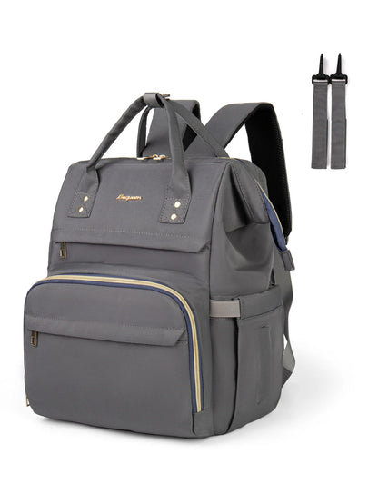 Sac a langer a dos gris presente de trois quarts avec ses sangles de fixation poussette fournies, look sobre et elegant.