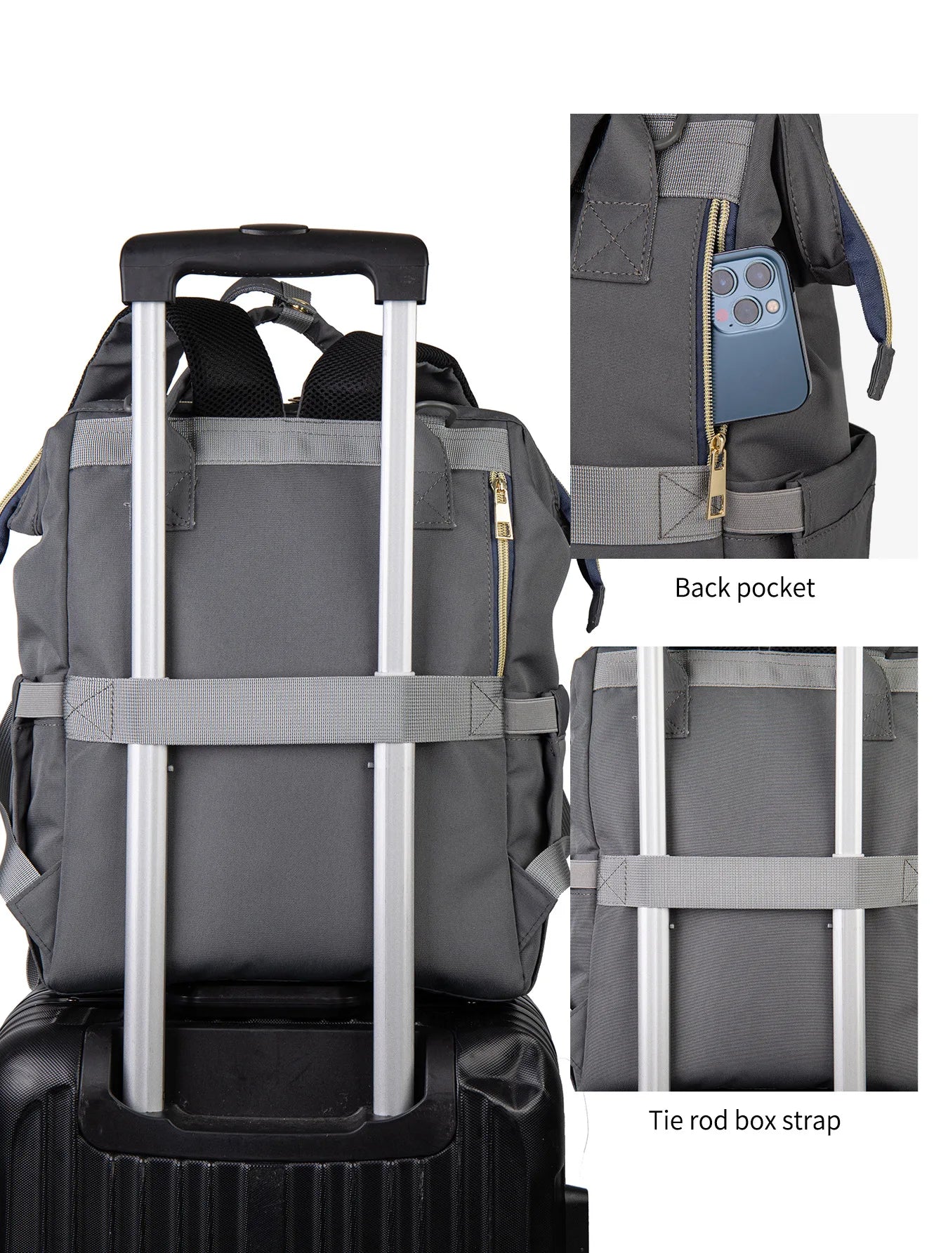 Sangle arriere permettant de fixer le sac a langer sur la poignee d'une valise a roulettes, pratique en voyage.