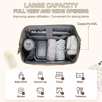 Interieur spacieux de 40 litres a large ouverture accueillant biberons, boites repas, couches et vetements pour toute une journee de sortie avec bebe.