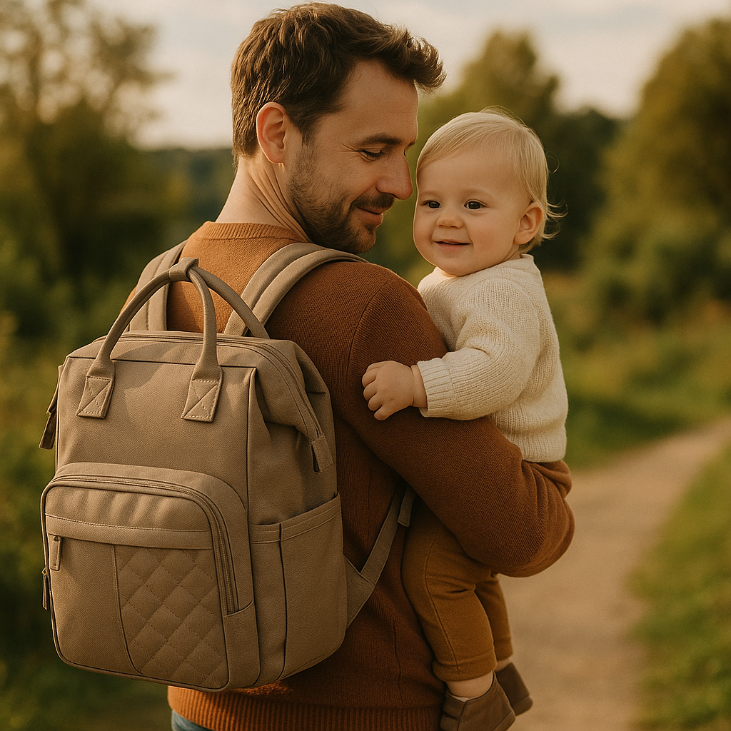 Papa portant son bebe en pleine nature avec le sac a langer a dos sur les epaules, illustrant un accessoire pense aussi pour les peres.