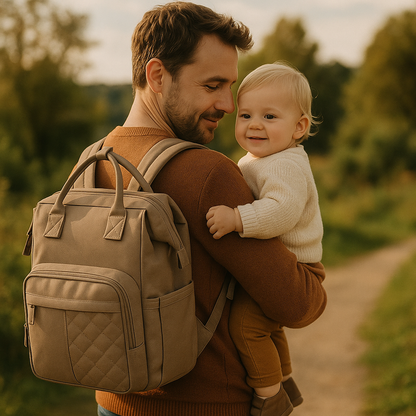 Papa portant son bebe en pleine nature avec le sac a langer a dos sur les epaules, illustrant un accessoire pense aussi pour les peres.