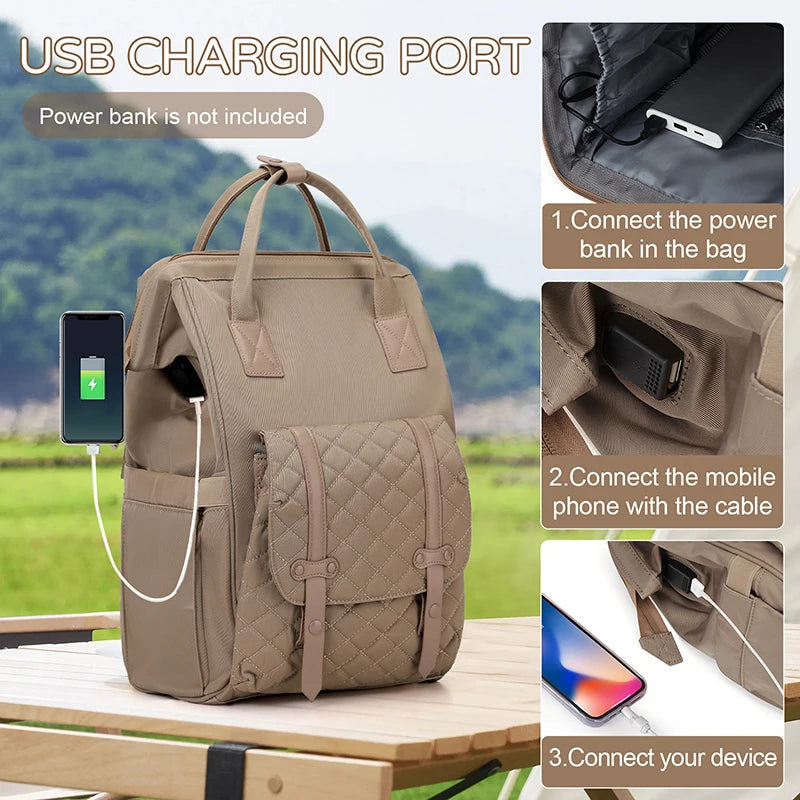 Port de charge USB integre permettant de recharger son telephone en camping ou en voyage sans ouvrir le sac a langer.