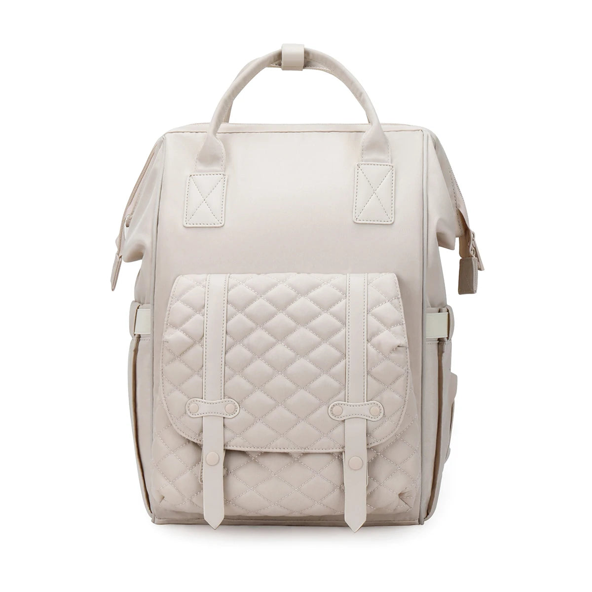 Sac a langer a dos beige creme au style neutre, s accordant facilement a toutes les tenues des jeunes parents.