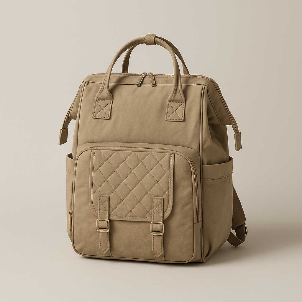 Vue trois quarts du sac a langer a dos beige montrant ses poches laterales, sa poche avant matelasse et ses bretelles confortables.