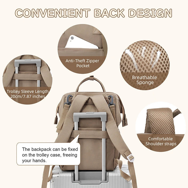 Dos pratique avec sangle de fixation sur valise a roulettes, poche anti-vol et bretelles rembourrees respirantes pour un portage confortable en voyage.
