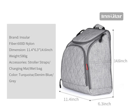 Fiche technique du sac a langer precisant les dimensions, le nylon 600D, le poids leger et les accessoires inclus.