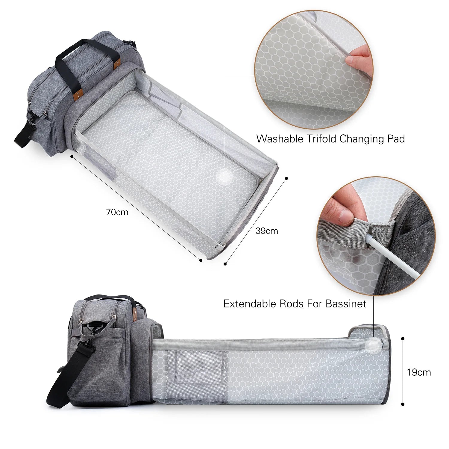 Detail des tiges rigides et des bords de 19 cm qui securisent le bebe une fois le sac deploye en petit lit.