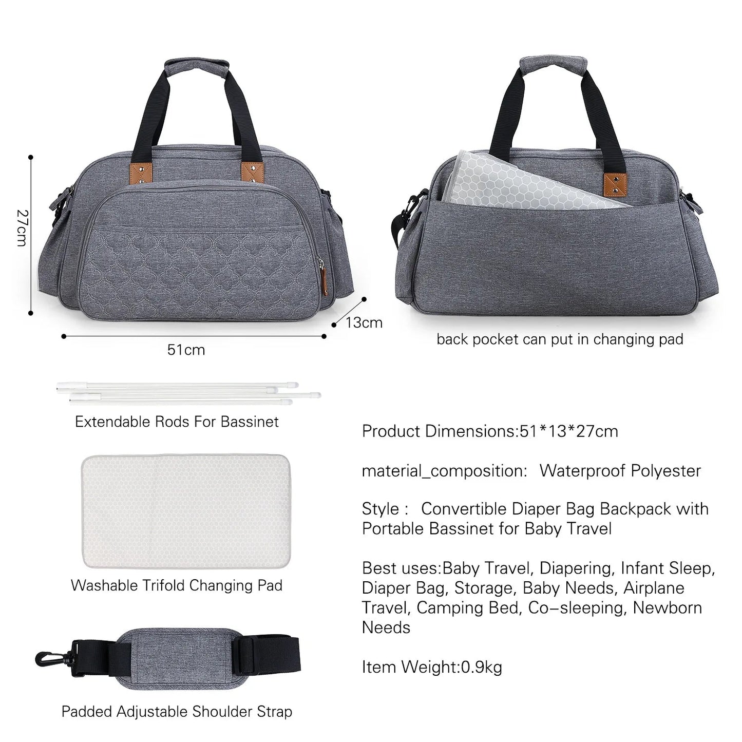 Recapitulatif des dimensions 51x13x27 cm et des accessoires fournis : tiges, matelas a langer et bandouliere rembourree.