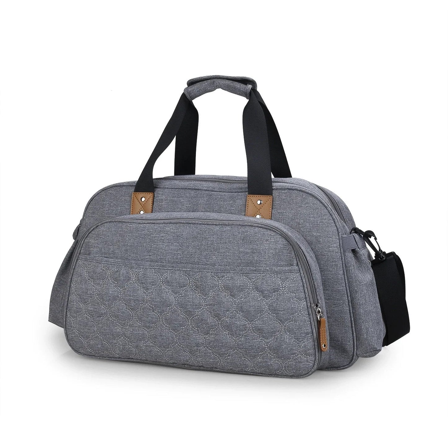 Sac a langer gris matelasse au design premium, pense pour les parents qui veulent allier style et praticite en balade.