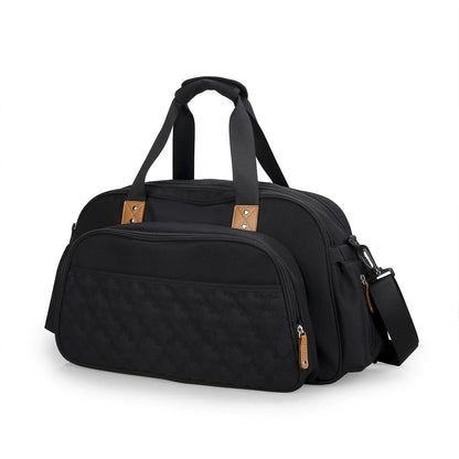 Sac a langer noir avec finitions cuir et bandouliere reglable, un modele sobre qui accompagne les sorties bebe au quotidien.