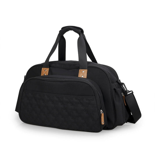 Sac a langer noir avec finitions cuir et bandouliere reglable, un modele sobre qui accompagne les sorties bebe au quotidien.