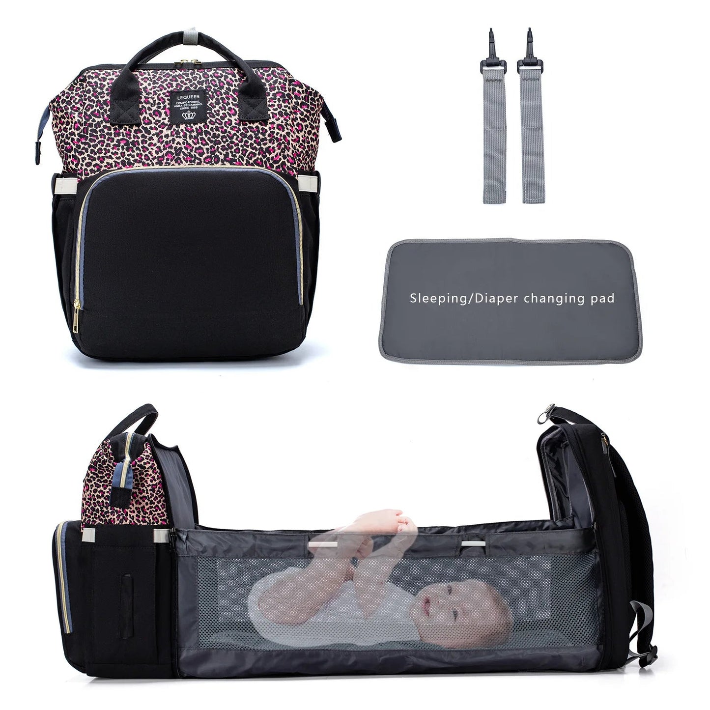 Modele leopard rose deploye en berceau nomade accueillant un bebe, parfait pour offrir un espace de repos hors de la maison.